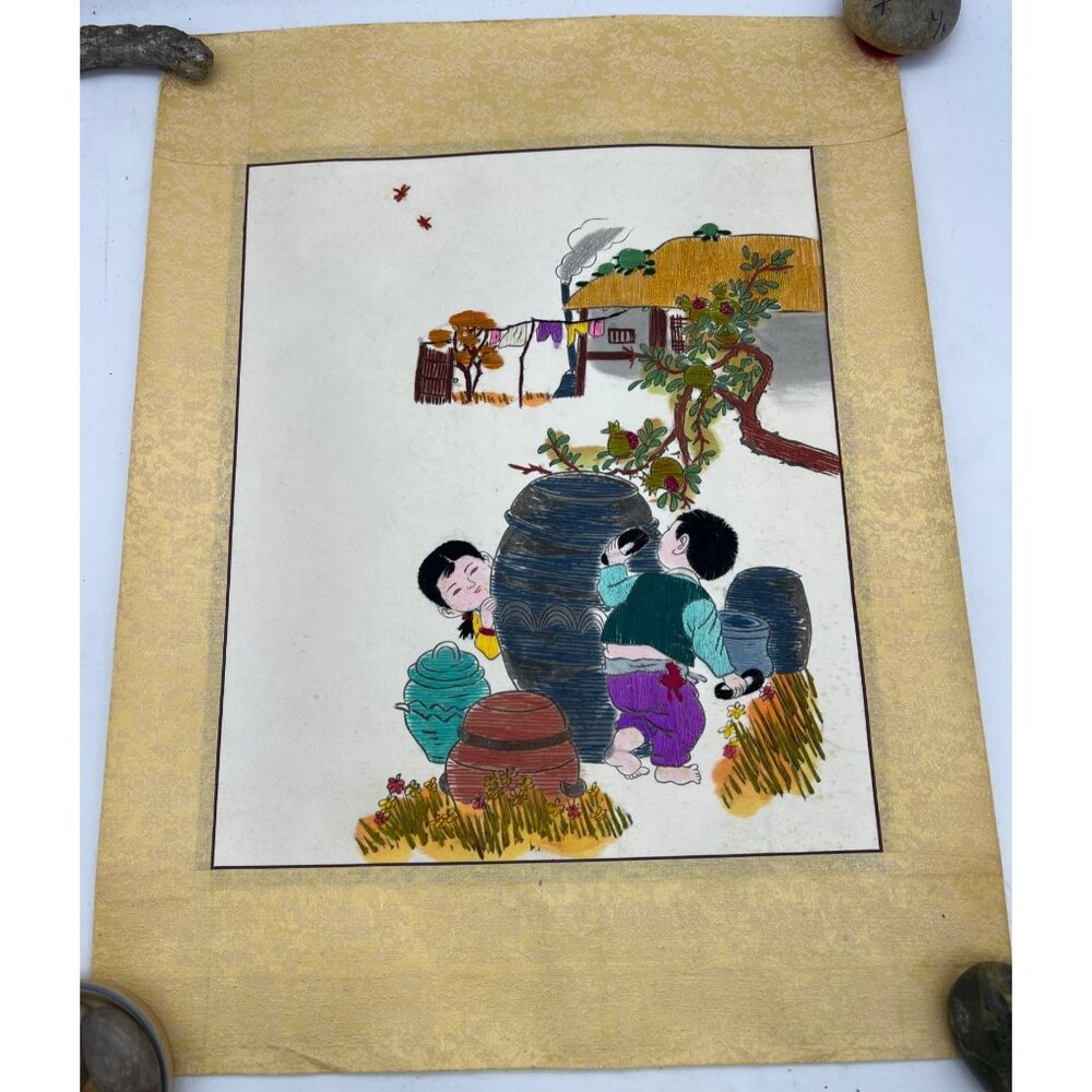 Vintage Korean Silk Embroidery Children With Onggi Jars Scroll 18.75 x 14.25 Art